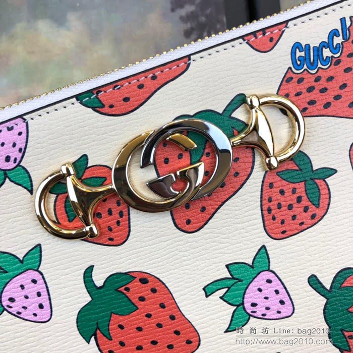 GUCCI古馳 2019新款 Zumi系列 粒面皮革 互扣式G馬銜扣 拉鏈 女款手拿包 570728 草莓  ydgq3273